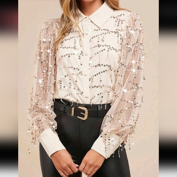 Women's Fashionable Elegant Christmas Party Fringe Sequin Bubble Sleeve Blouse - Picture 1 of 5